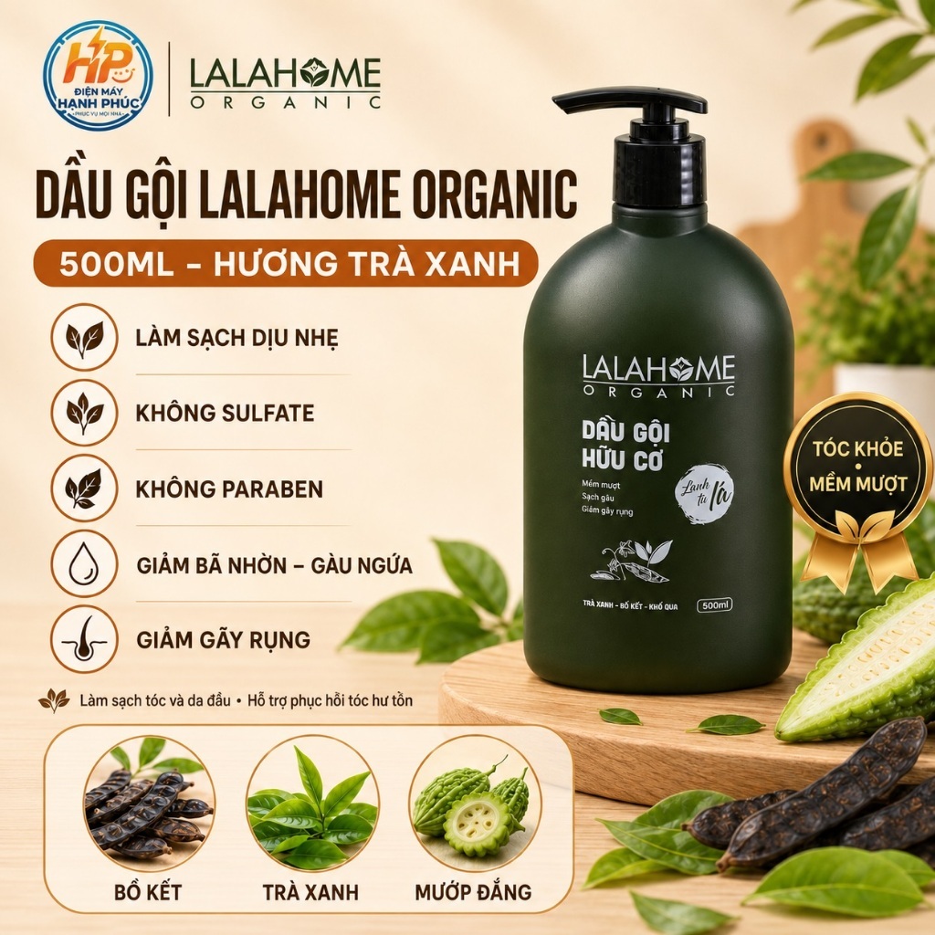(Xuất VAT) - Dầu gội đầu LalaHome Organic chai 500ml – Hương trà xanh