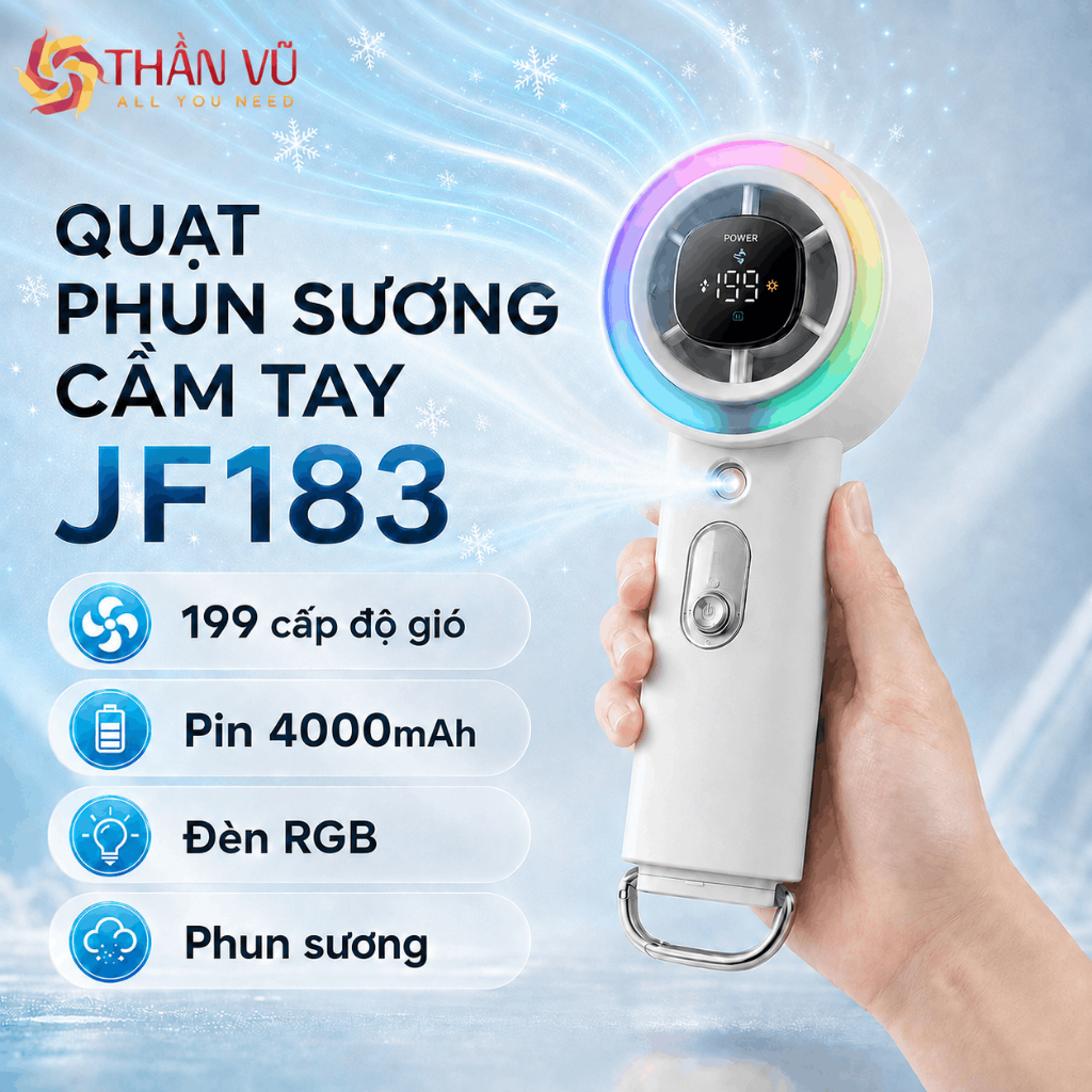 Quạt PHUN SƯƠNG cầm tay JF183 Động Cơ Turbo Quạt Siêu mát Pin Lên Đến 12H