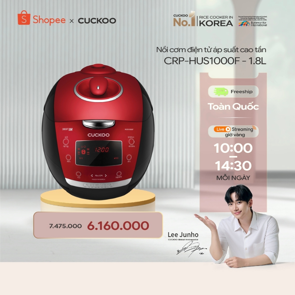 Nồi cơm điện tử áp suất cao tần Cuckoo 1.8 lít CRP-HUS1000F màu đỏ- lòng nồi chống dính cao cấp phủ 