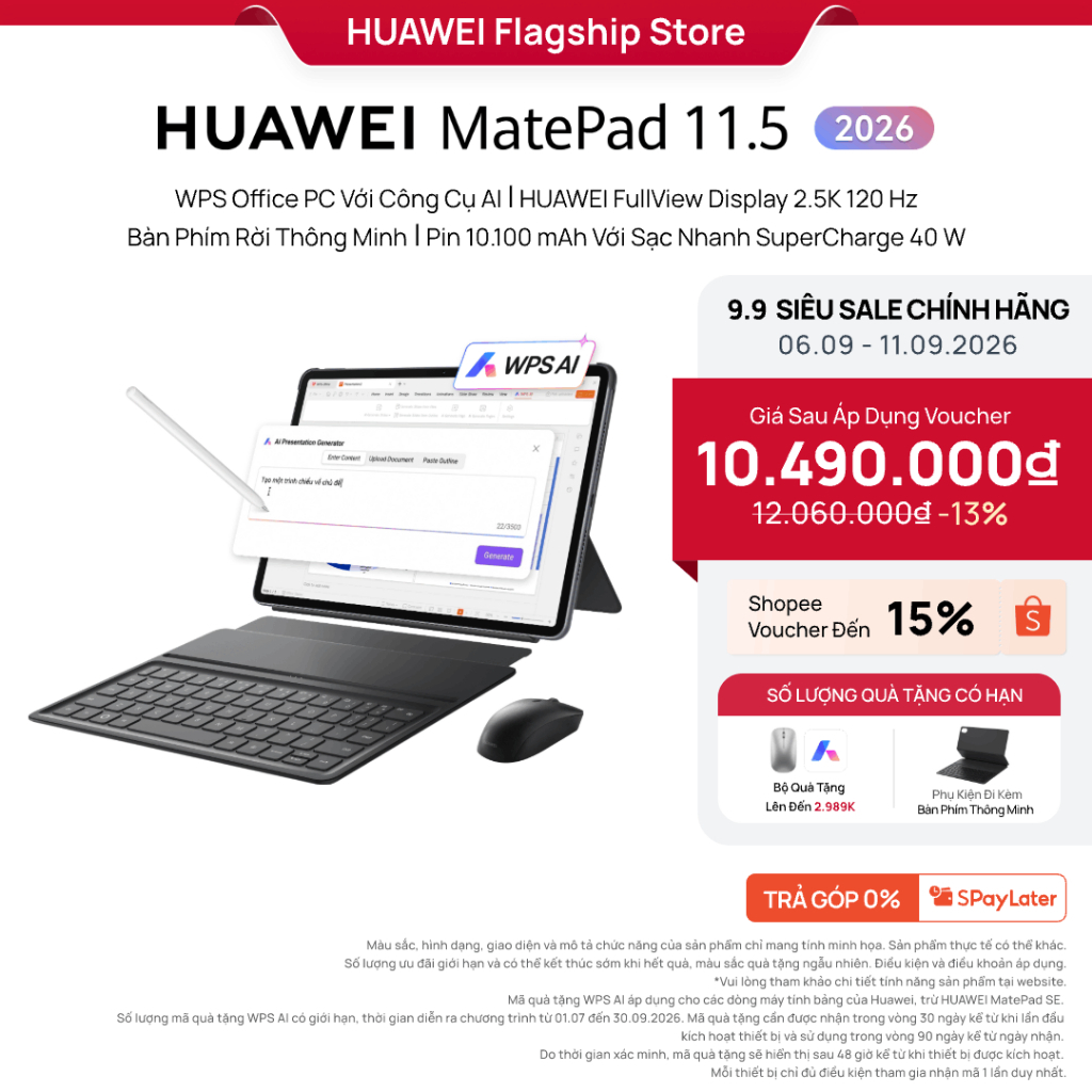 Máy tính bảng HUAWEI MatePad 11.5 2026 | WPS Office PC Với Công Cụ AI | HUAWEI FullView Display 2.5K 120Hz| Bàn Phím Rời