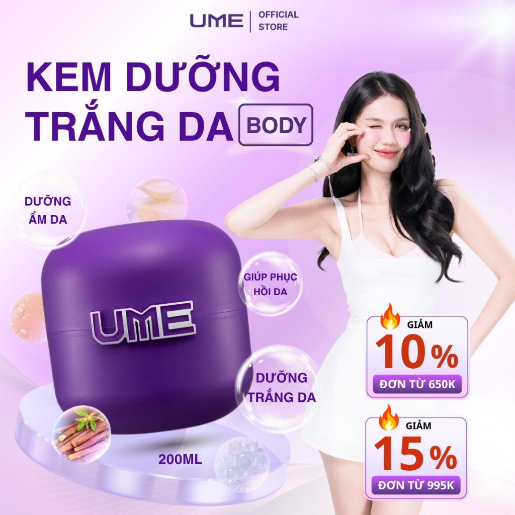 Kem Body Trắng Da UME, Kem Dưỡng Da Body Cấp Ẩm Mịn Màng, Mờ Thâm, Chống Nắng, Phục Hồi Da Hộp 200g