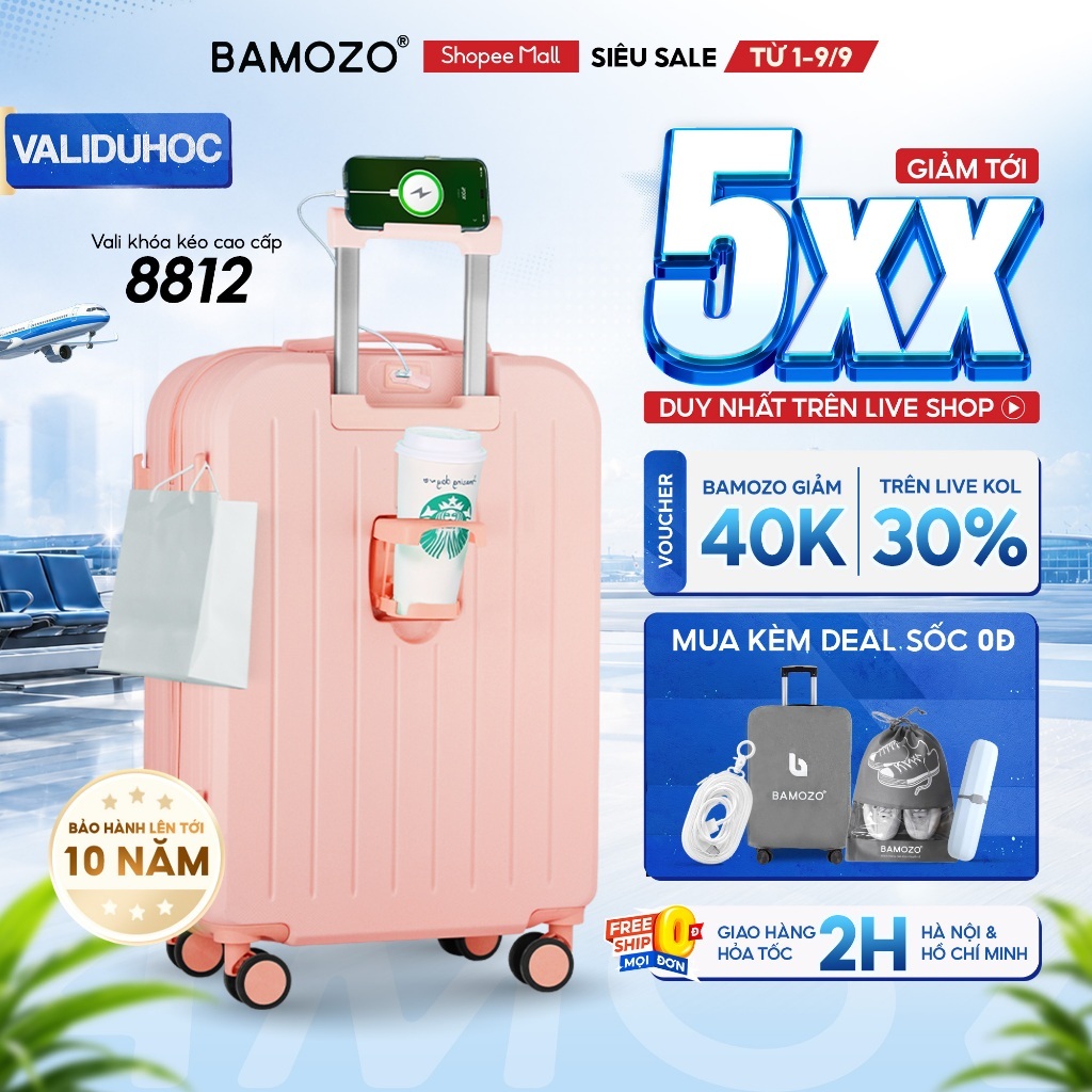 Vali Du Lịch B Bamozo 8812 Thời Trang Size 20/24inch, ABS Cao Cấp Bảo Hành 5 Năm - Lỗi 1 Đổi 1 Trong