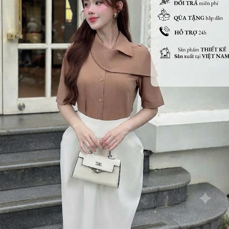 NALIA JENA-  ÁO SƠ MI CỔ LỆCH THIẾT KẾ CAMEL ASYMMETRIC COLLAR BLOUSE