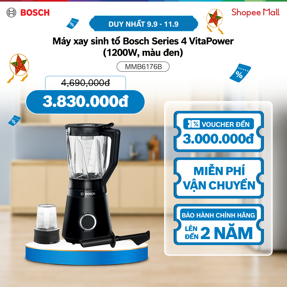 09.09 - 11.09 | Voucher Shopee lên đến 3tr | Máy xay sinh tố Bosch MMB6176B Series 4 VitaPower (1200