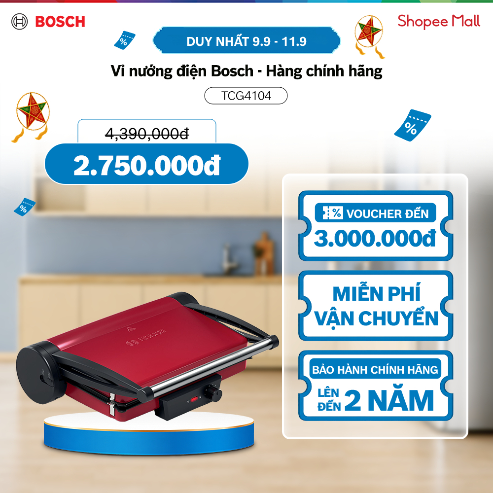 09.09 - 11.09 | Voucher Shopee lên đến 3tr | Vỉ nướng điện Bosch TCG4104 - Hàng chính hãng