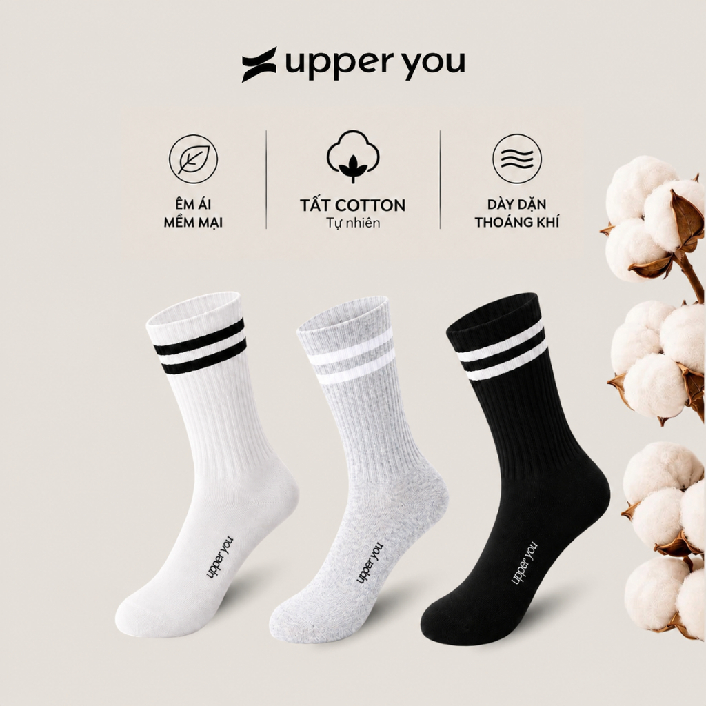 [Combo 3] Tất Vớ Cotton Nam Nữ Cổ Cao UPPER YOU Thấm Hút Êm Ái Dày Dặn - MIX GÂN XÁM