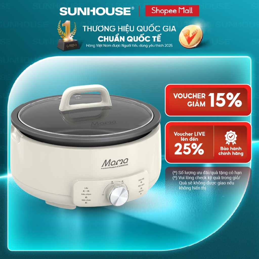Nồi điện đa năng 4L Sunhouse Mama SHD4548 - 1500W, 5 chức năng - Chống dính Flead 2 lớp - Tự ngắt kh