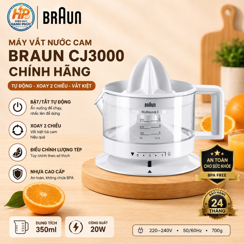 Máy Vắt Nước Cam Braun CJ3000 Chính Hãng – Thiết Kế Nhỏ Gọn, Dễ Sử Dụng, Máy Vắt Nước Cam Braun CJ30