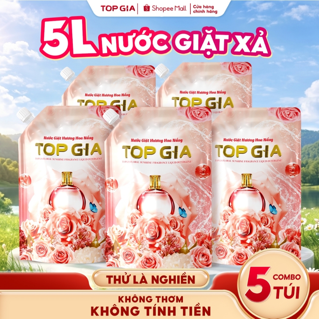 [COMBO 5L] Nước Giặt Xả TopGia Hương Hoa Nắng, Dung Tích 1L, Sạch Sâu Bền Màu, Lưu Hương 72H, Dịu Nh