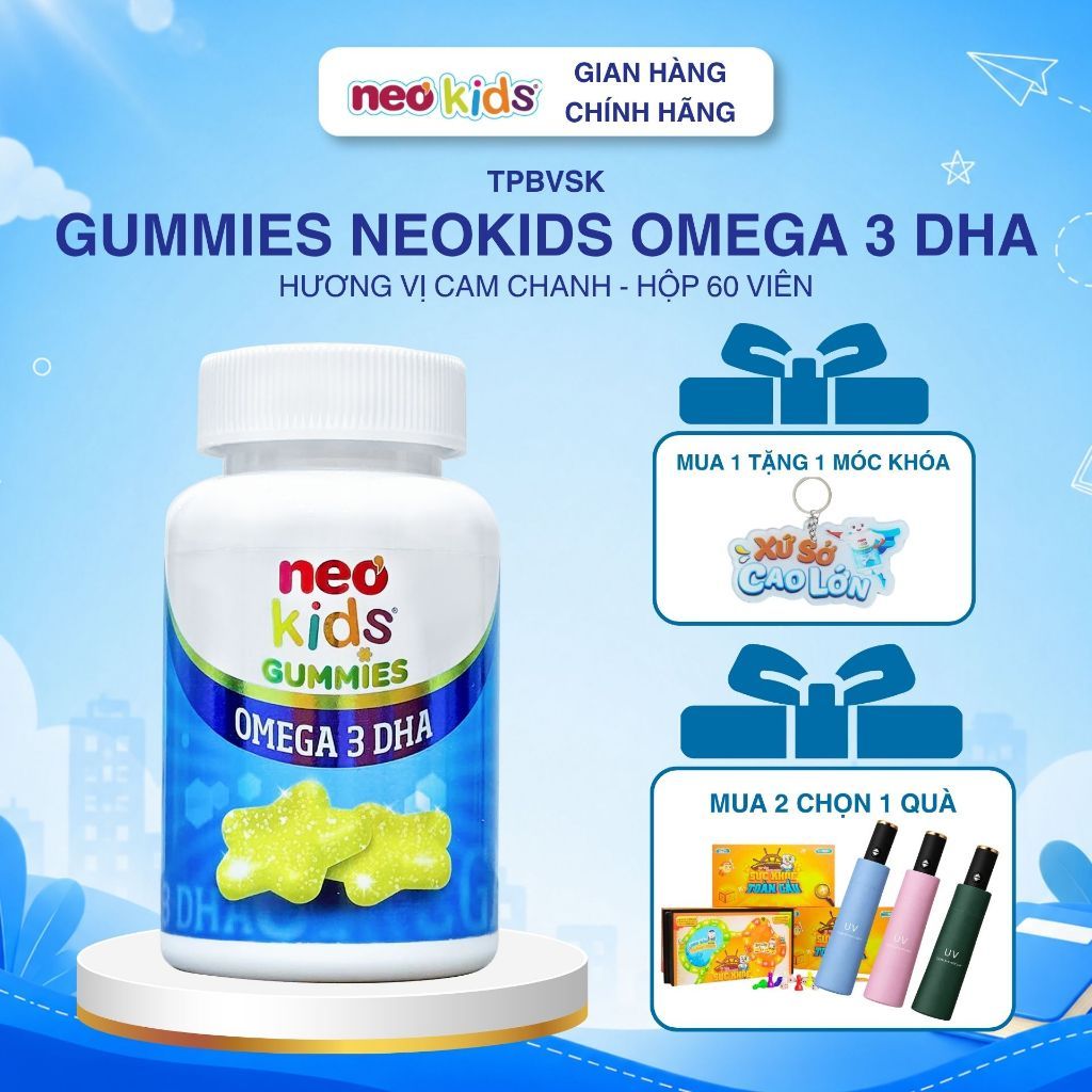 [Quà xinh] DHA Neo kids vị cam chanh - Gummies Neo Kids Omega 3 hộp 60 viên nhai - DHA từ dầu vi tảo