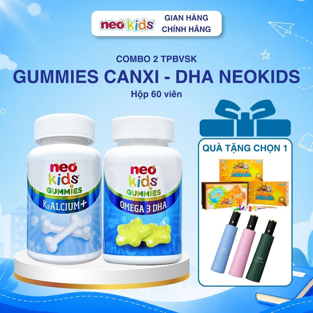 [TẶNG QUÀ] COMBO Gummies Canxi Neo Kids Và Gummies Neo Kids Omega 3 DHA - hộp 60 viên nhai