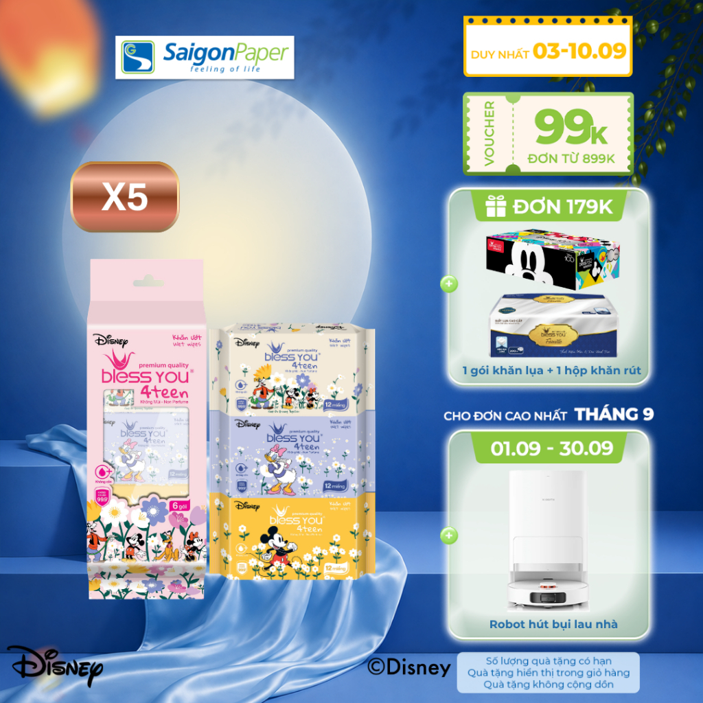 Combo 5 lốc khăn Ướt Mini Bless You 4teen 12 tờ (6 gói/ lốc)