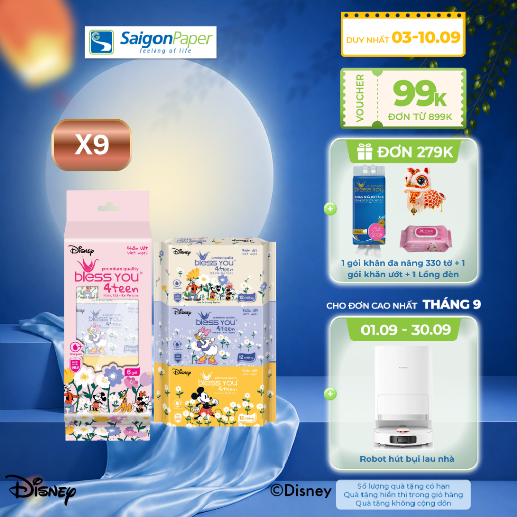 Combo 9 lốc khăn Ướt Mini Bless You 4teen 12 tờ (6 gói/ lốc)