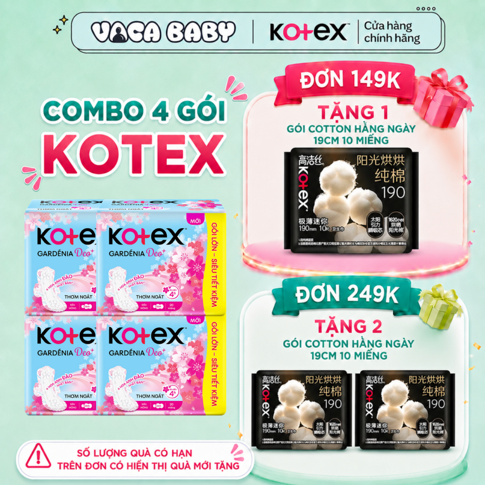 Combo 4 gói Băng Vệ Sinh Kotex Gardenia Deo+ Hoa Anh Đào Siêu Mỏng Cánh Gói 20 Miếng