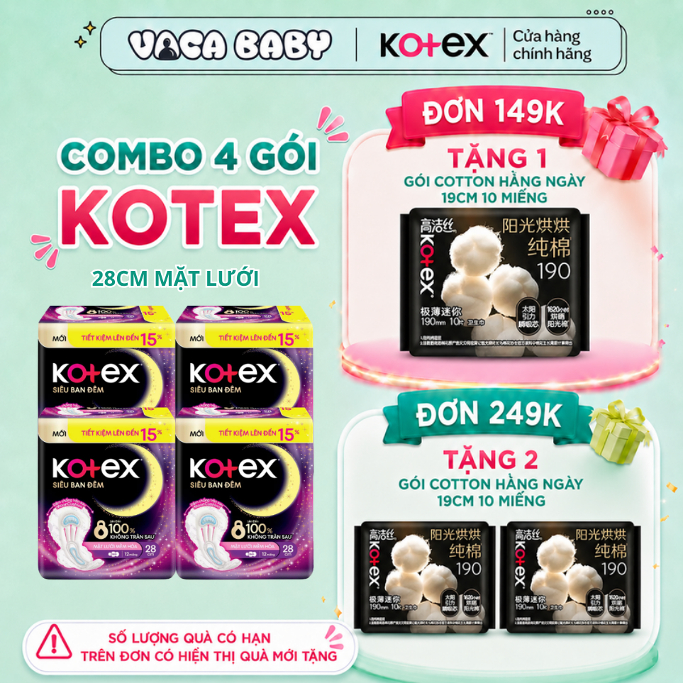 Combo 4 gói BVS Kotex ban đêm 28cm gói 12 miếng/ Kotex ban đêm 35cm gói 8 miếng tiết kiệm Vaca Baby