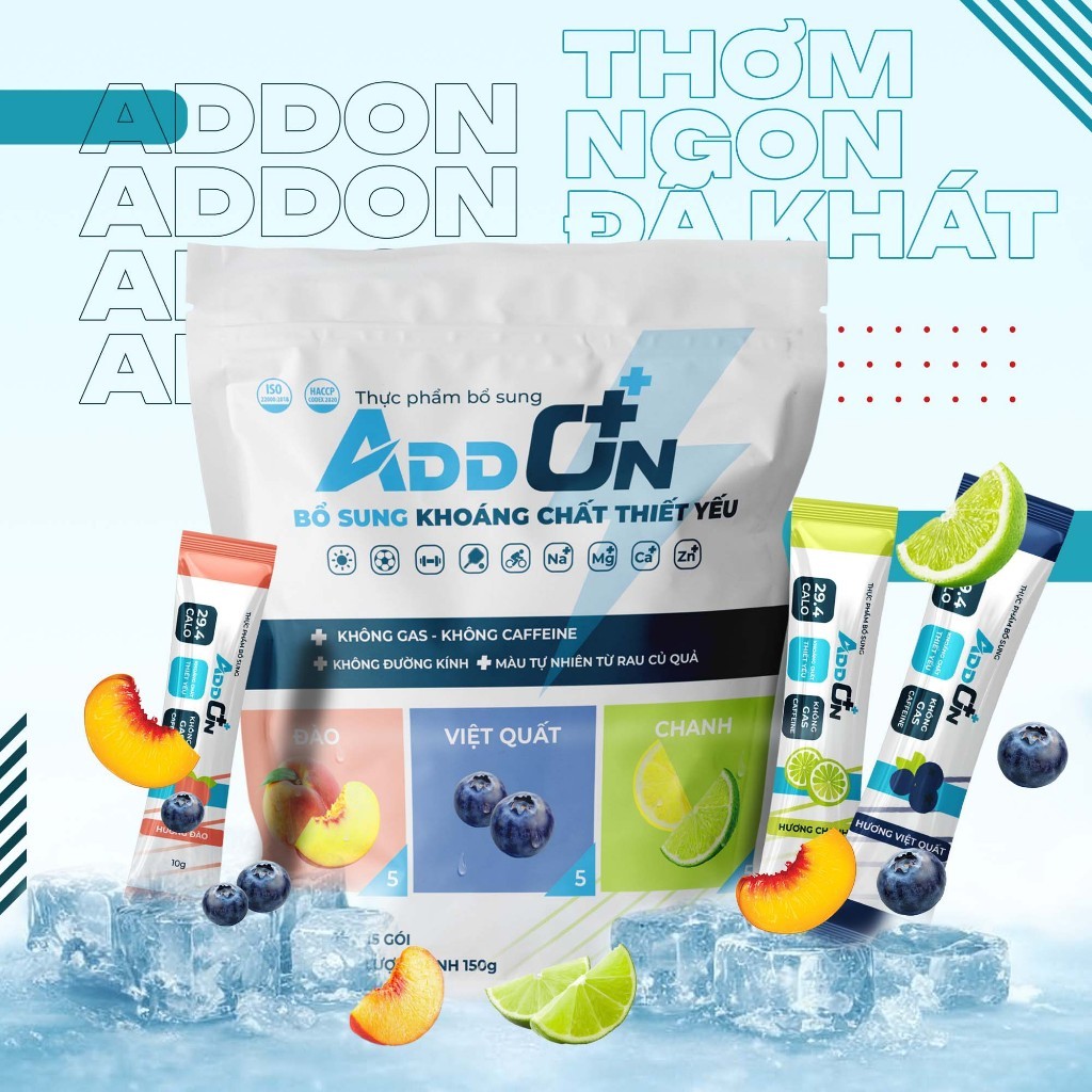 Bột Uống Điện Giải Thể Thao ADDON Pack 15 Ít Calo Bù Nước, Bổ Sung Muối Khoáng Thiết Yếu