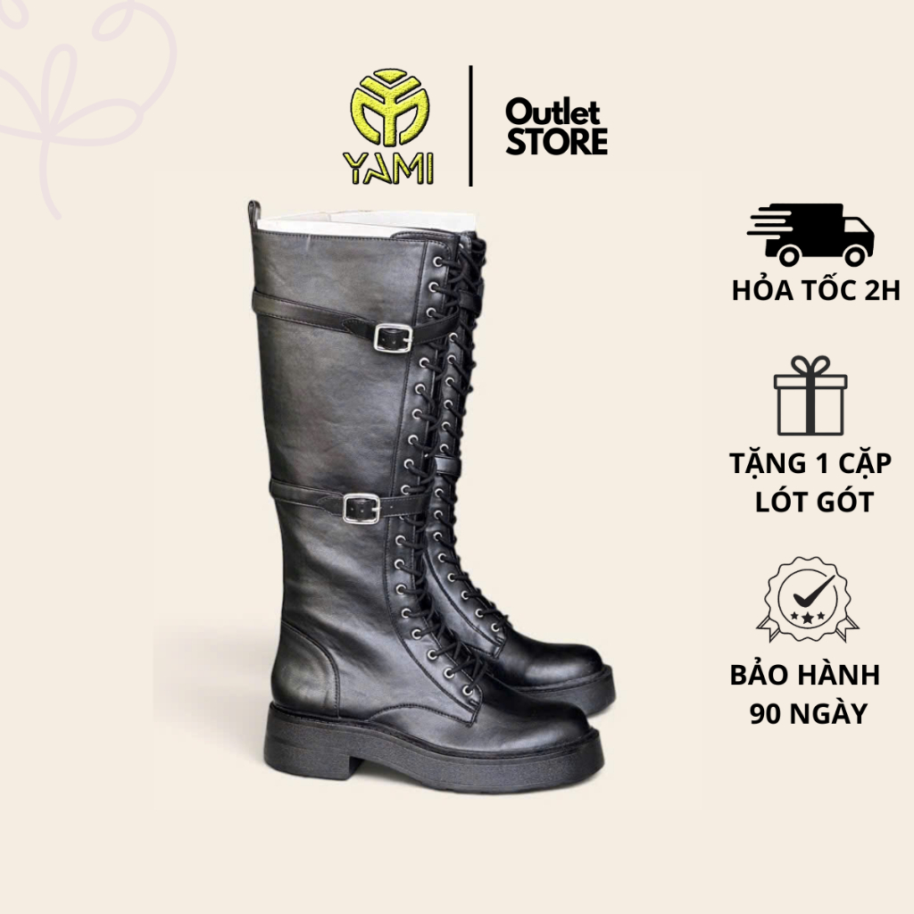 Giày Bốt Nữ Combat Ống Cao Size 37, Giày Boot Nữ Chiến Binh Đế Dày Phong Cách Biker Phối hai Quai Kh