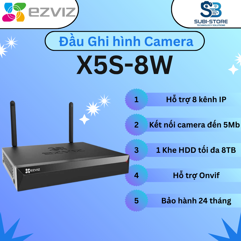 Đầu Ghi NVR EZVIZ X5S-8W WiFi 8 Kênh 3K HDMI VGA Hỗ Trợ HDD 8TB H.265 ONVIF