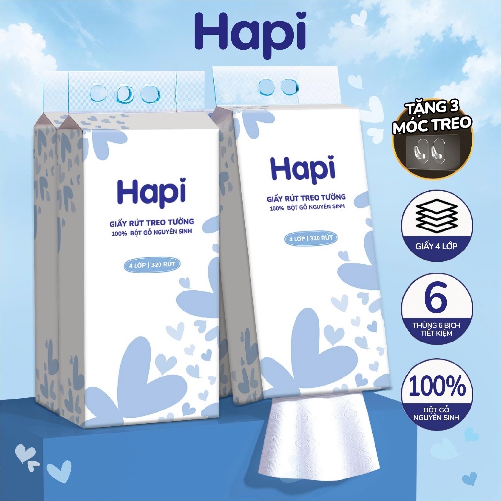 Thùng 6 Túi Khăn Giấy Rút Treo Tường HAPI Siêu Dai Và Mềm Mịn Không Chất Tẩy Trắng (Tặng móc treo)