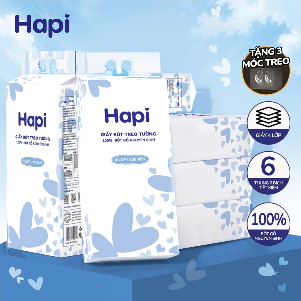 Thùng 6 bịch khăn giấy rút treo tường HAPI giấy vệ sinh 4 lớp siêu dai và mềm mịn không chất tẩy trắng