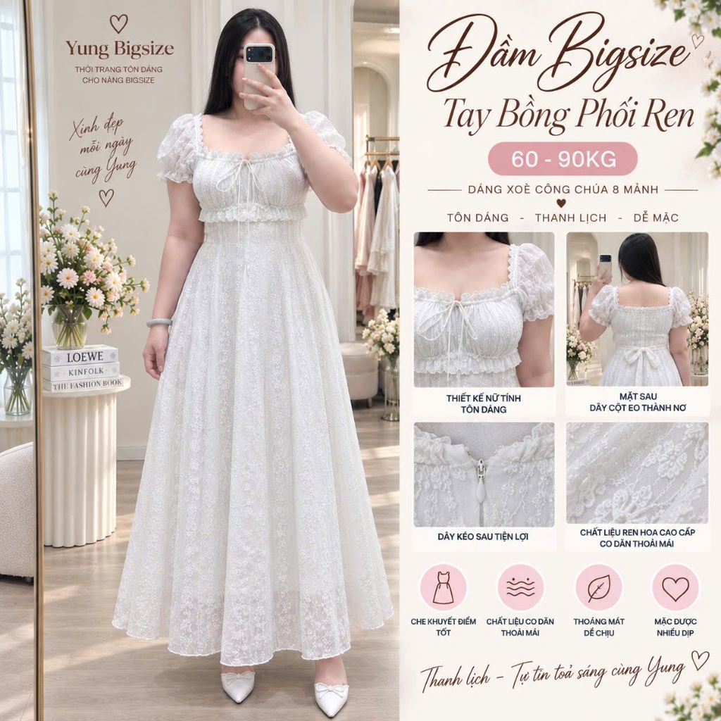 Đầm bigsize tay bồng phối ren dáng xoè công chúa 8 mảnh 60-90kg A1392