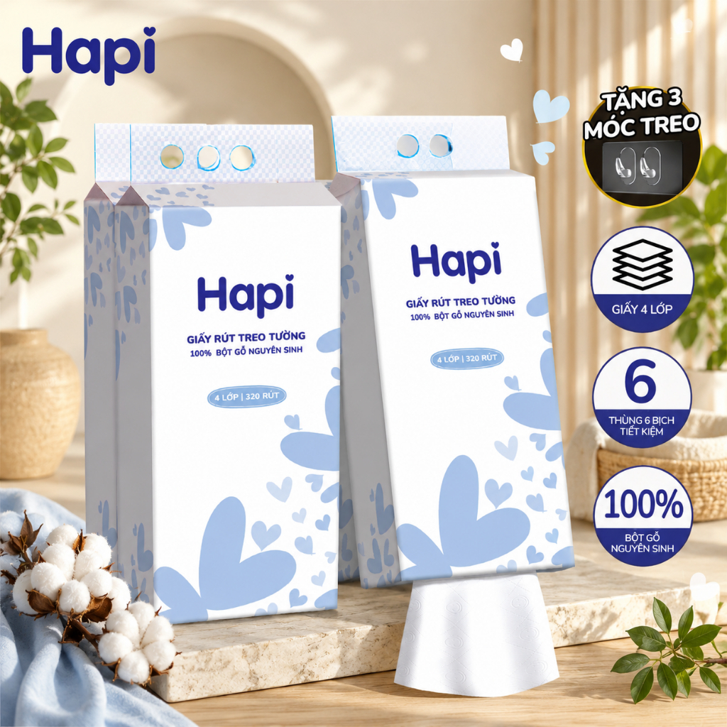 [Tặng Móc Treo] Giấy Rút Treo Tường HAPI, Khăn Giấy Siêu Dai Và Mềm Mịn Không Chất Tẩy Trắng, Tiện Lợi Treo Tường