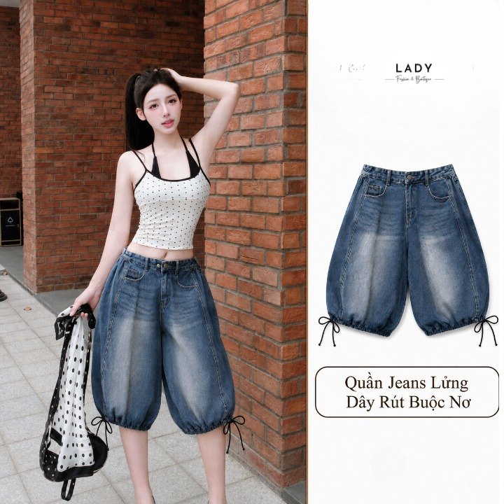 Quần Jean Lửng Nữ J89 Dáng Balloon Wash Dễ Phối, Lưng Thun Sau Co Giãn, Gấu Rút Dây Bắt Mắt