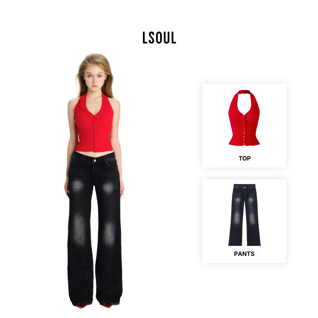 LSOUL Áo Len Gân Cổ Yếm Đính Hoa Yoha Top + Quần Jeans Ống Loe Wash Cá Tính Diva Pants A26032889