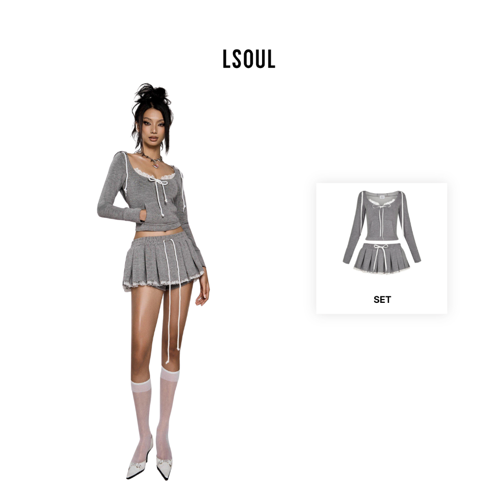 LSOUL Set Jennie Áo Hoodie Croptop Xám Phối Ren + Chân Váy Miniskirt Xếp Ly Calos - B24031396