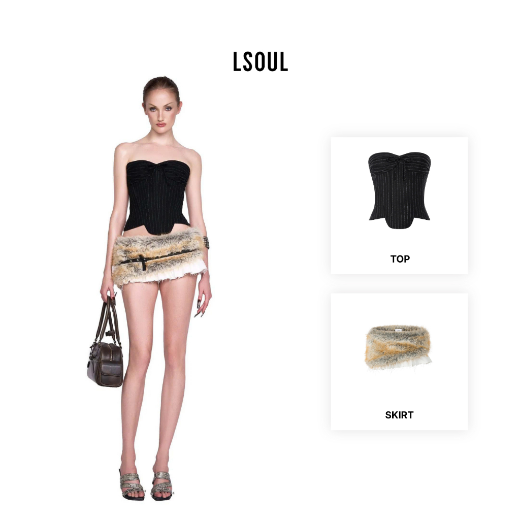 LSOUL Áo Corset Đan Dây Đen Jinx Top + Chân Váy Lông Cạp Trễ Sweeney Skirt - A24122795 CV24120708