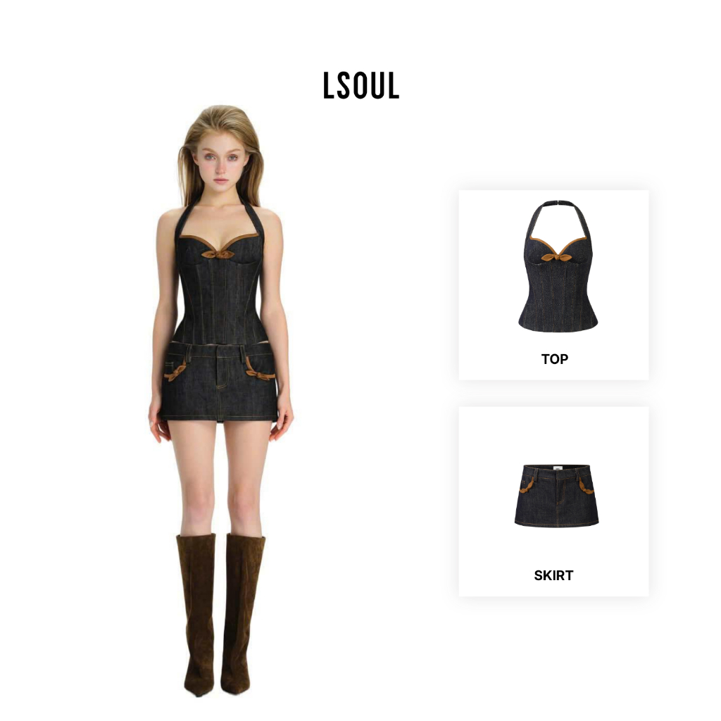 LSOUL Áo Corset Denim Cúp Ngực Halter+ Chân Váy Mini Jean Phối Túi Đính Nơ Rossi Set A26042897
