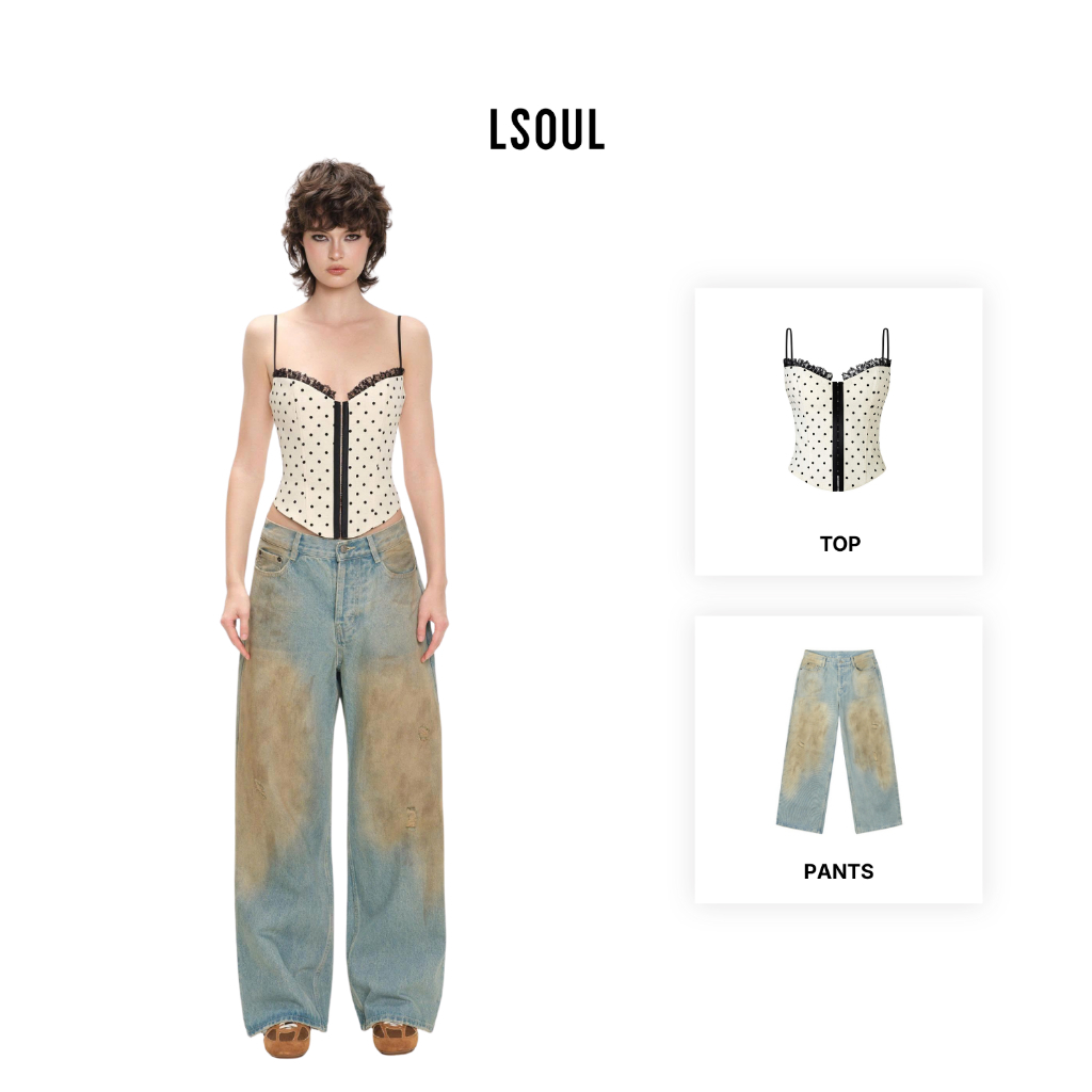 LSOUL Áo Corset Họa Tiết Chấm Bi Hai Dây Jeana Top + Quần Jeans Dirr Pants J25110824