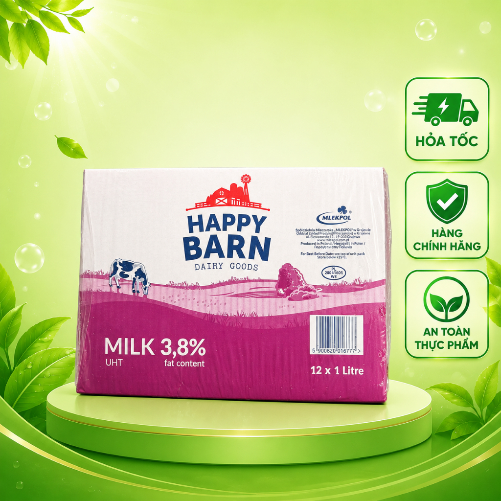 Sữa Tươi Tiệt Trùng Happy Barn 1L – Thùng 12 Hộp – Sữa Tươi UHT Happy Barn 1000ml – Dùng Uống, Pha C