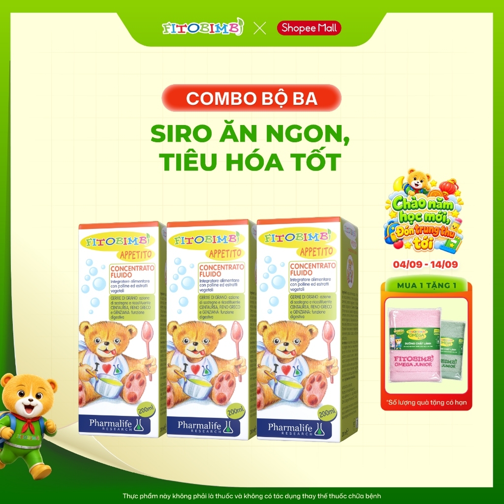 Bộ ba Ăn Ngon - Tiêu Hóa Tốt Fitobimbi Appetito Siro Ăn Ngon 3 Tác Động Combo 3 hộp TPBVSK 200ml