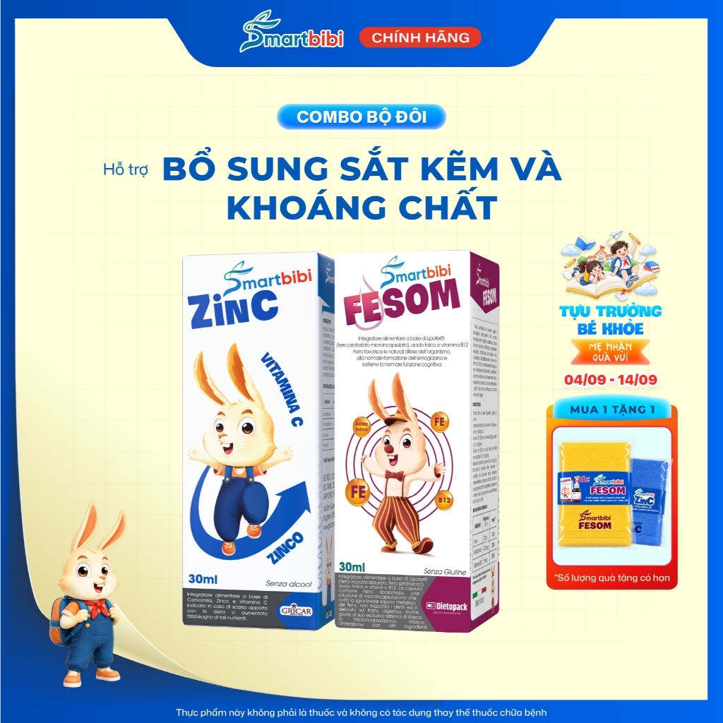 Combo siro bổ sung kẽm và khoáng chất cho bé Smartbibi Zin C + Smartbibi Fesom hỗ trợ bé bổ sung kẽm