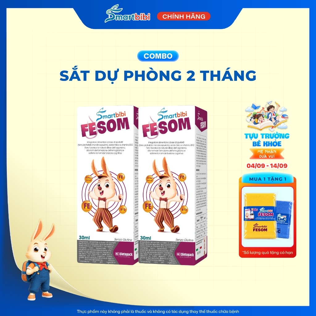Combo 2 Hộp Sắt Smartbibi Fesom Sắt Vi Nang 3in1 Dự Phòng 2 Tháng Cho Bé TPBVSK Smartbibi Fesom