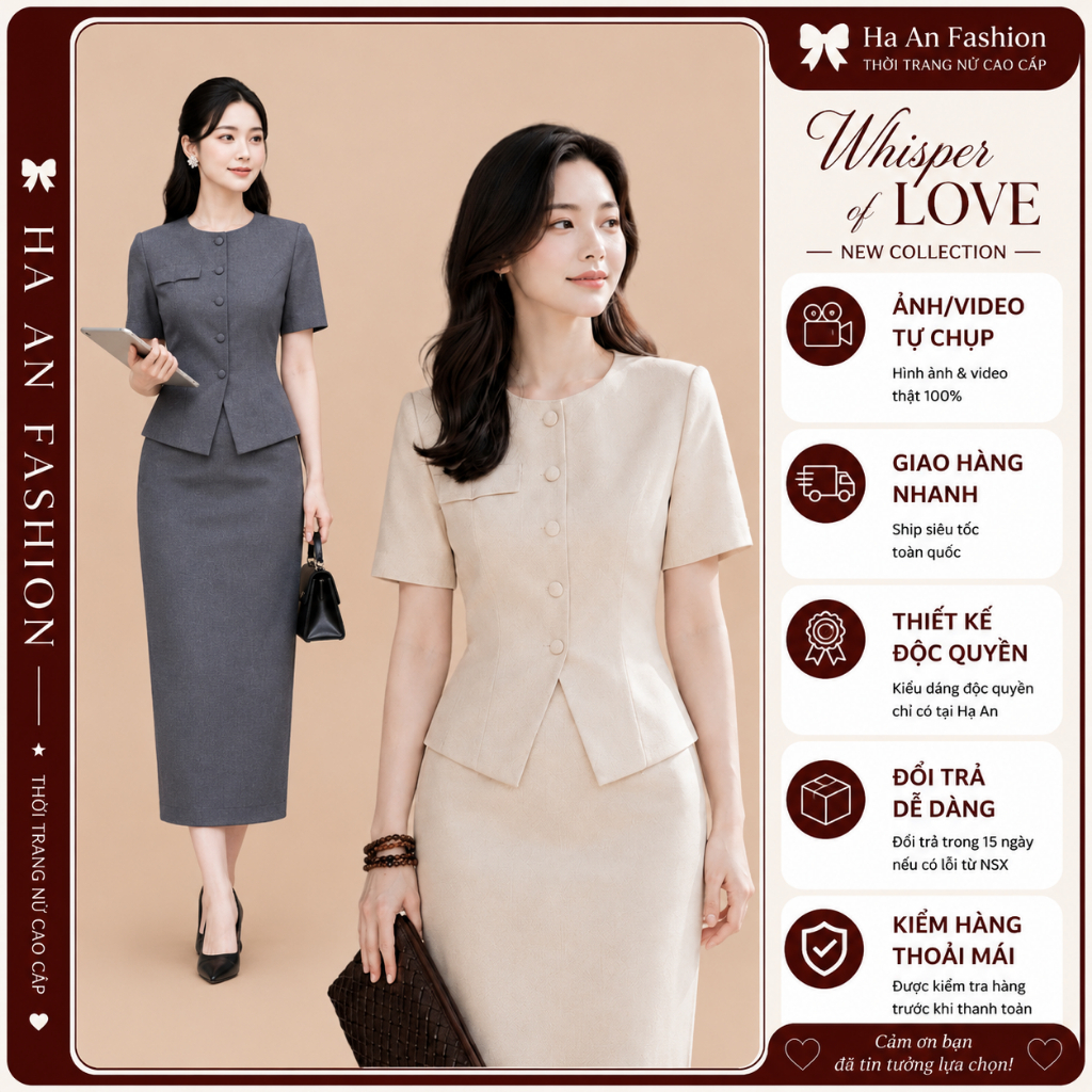 [24162+24246] Bộ Vest Nữ Công Sở Áo Tay Ngắn Phối Chân Váy Dài Thanh Lịch, Set Đồ Nữ Công Sở Cao Cấp