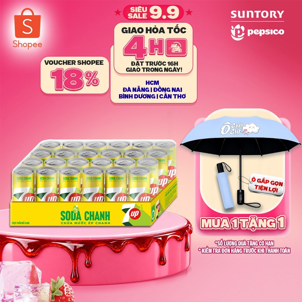 [SALE 15.8] Thùng 24 Lon Nước Uống Có Gaz 7UP Soda Chanh Không Calo, Không Đường (320ml/lon)