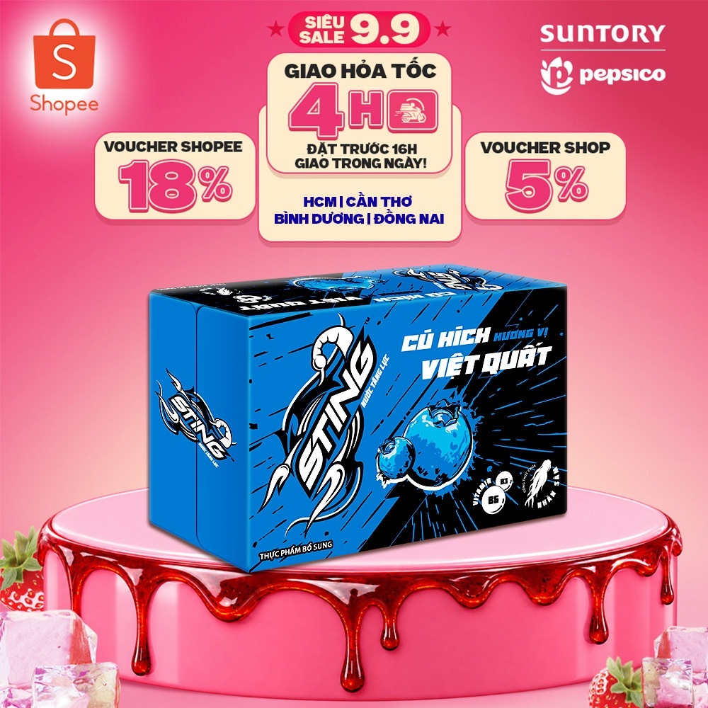 [SALE 15.8] Thùng 24 Lon Nước Tăng Lực Sting Xanh Việt Quất (320ml/lon)
