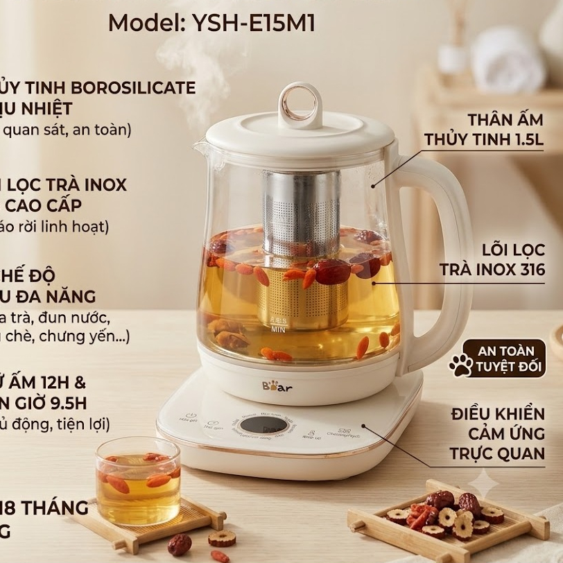 Ấm Pha Trà Siêu Tốc Bear YSH-E15M1, 1.5L (8 Chức Năng) - Thủy Tinh Borosilicate, Lõi Lọc Inox 316, G