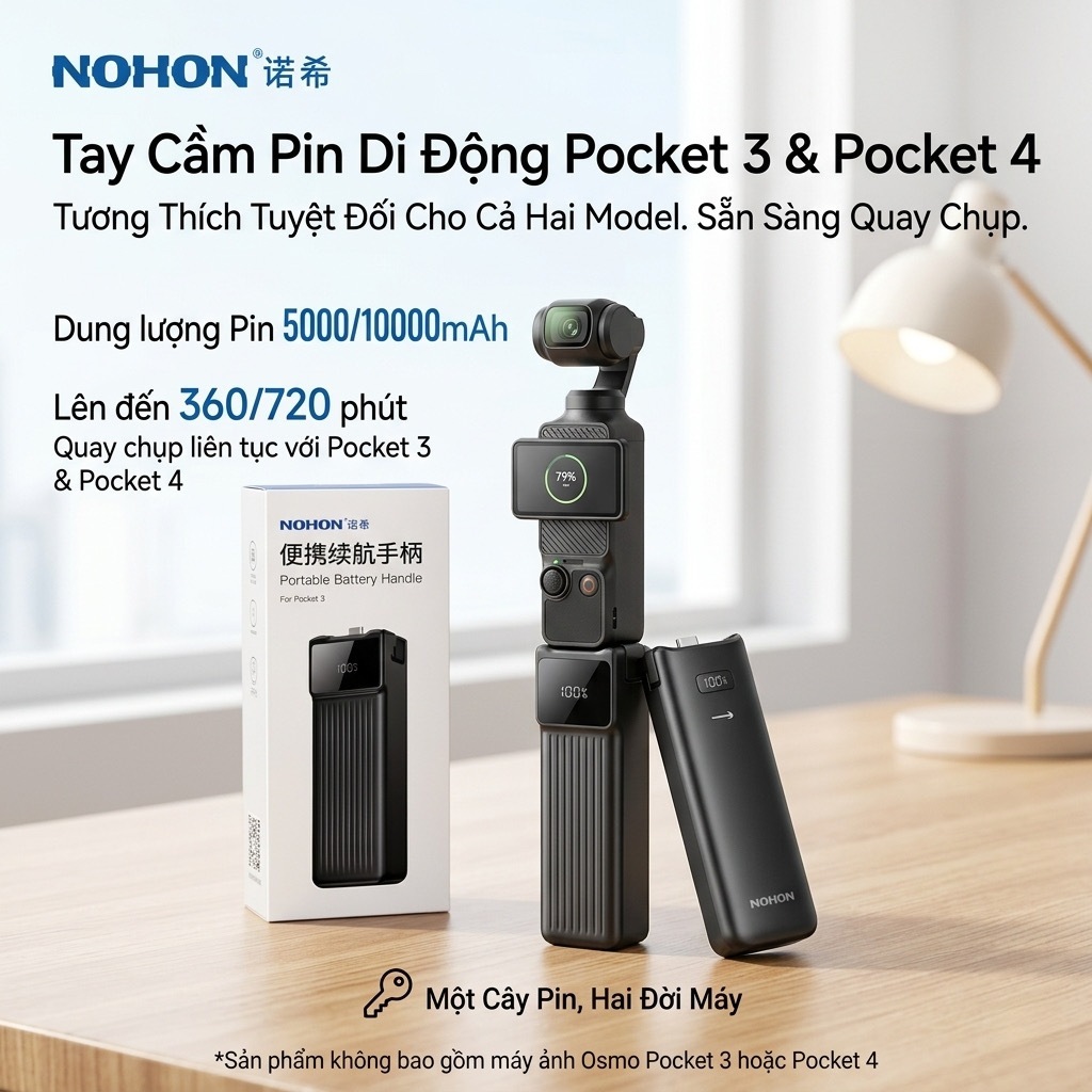 Tay cầm Pin, sạc nhanh Di Động 10.000mAh NOHON cho DJI Pocket 3 & Pocket 4, sạc nhanh 22.5w