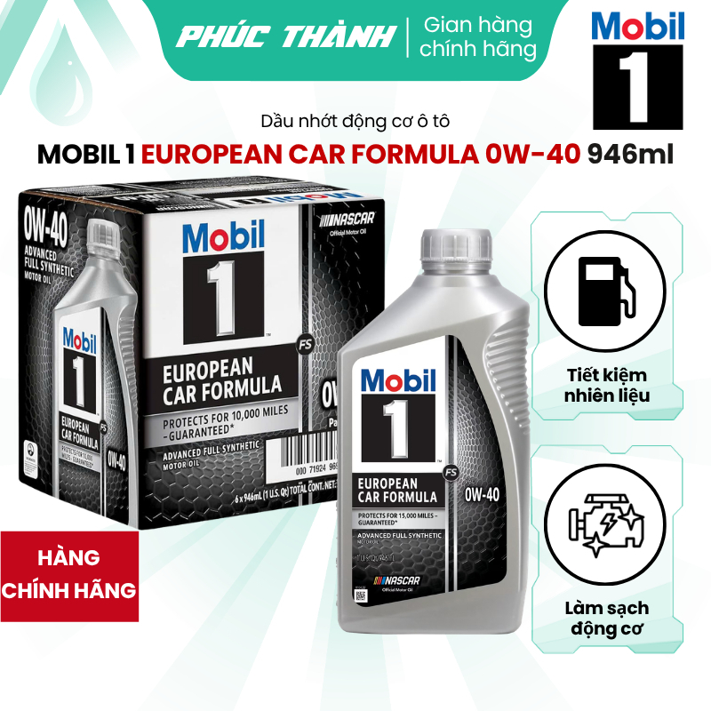Thùng 6 Chai Dầu Nhớt Tổng Hợp Toàn Phần Ô-Tô MOBIL 1 European Car Formula 0W40 946ml Nhập Khẩu USA 