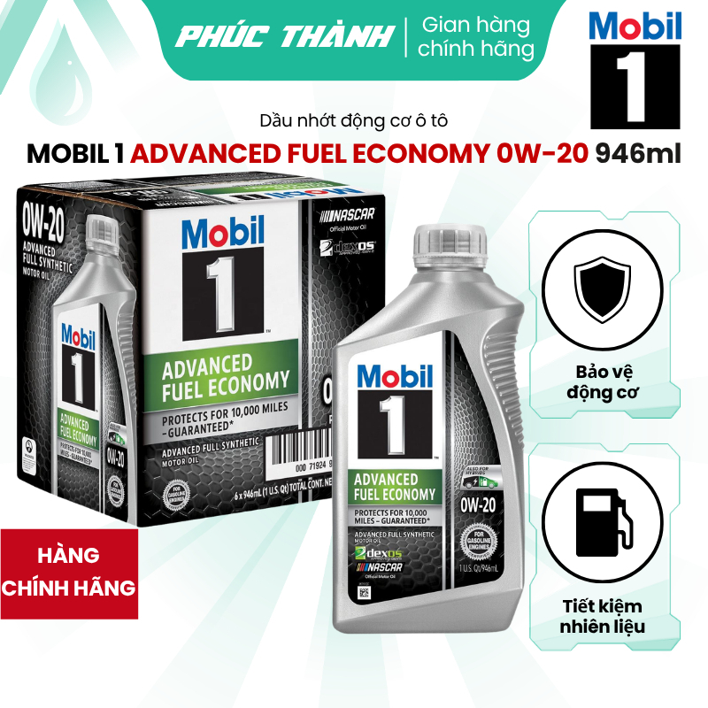 Thùng 6 Chai Dầu Nhớt Ô Tô Tổng Hợp Toàn Phần MOBIL 1 ADVANCED FUEL ECONOMY 0W20 946ml Nhập Khẩu Mỹ 