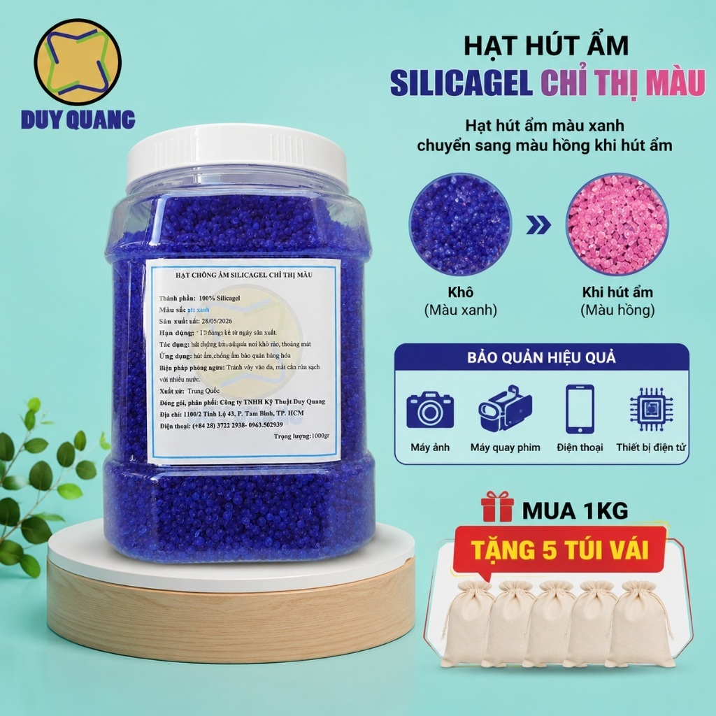 Siêu hút ẩm-Hạt Silicagel màu xanh-dùng cho máy ảnh, linh kiện điện-tái sử dụng