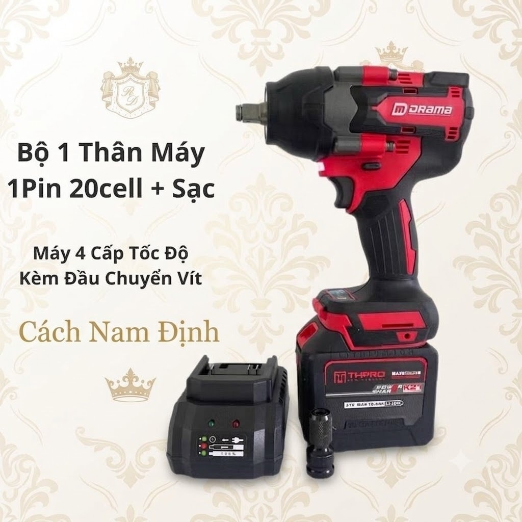 Máy Bulong Pin DRAMA D-5598 + pin 20cell Lực Siết Khỏe Động Cơ Không Chổi Than