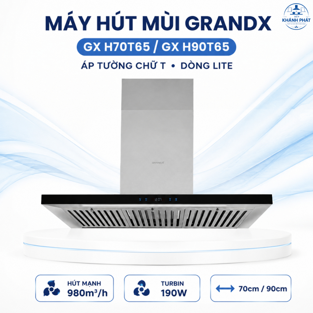Máy Hút Mùi Áp Tường Chữ T Lite GrandX GX H70T65 / GX H90T65 – Hút 980m³/h, Động Cơ Turbin 190W, Thi
