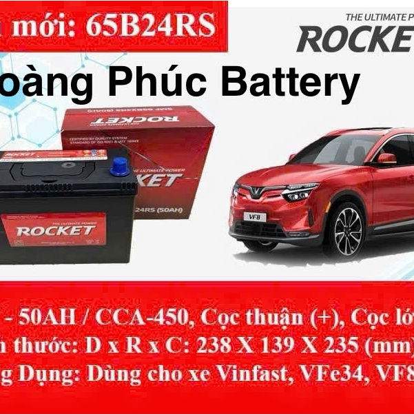 Bình ắc quy 12v khô ROCKET SMF 65B24RS 50ah xe điện vf5 2023, 2024, vf6, vf7, vf8, vf9, vfe 34.