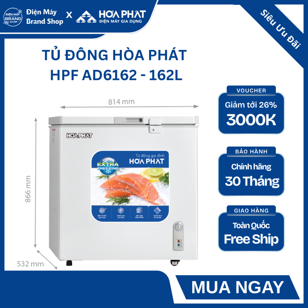 TỦ ĐÔNG HÒA PHÁT 162 LÍT HPF AD6162 (MÀU TRẮNG) - DÀN ĐỒNG SIÊU BỀN, CẤP ĐÔNG SÂU TỚI -30°C