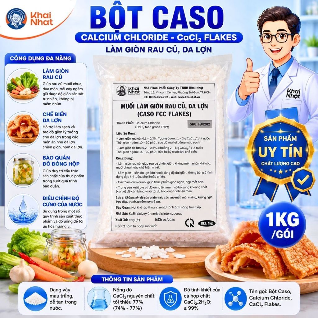 Caso muối làm giòn rau củ da Lợn Khai Nhật - CaCl2 Flakes - Phụ Gia Thực Phẩm  (Gói 1kg)