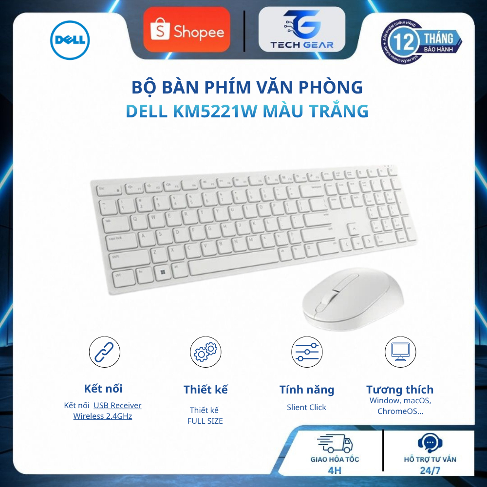 (FULL VAT)Bàn Phím Chuột Không Dây Dell KM5221W White - Combo Wireless 2.4GHz Fullsize Chính Hãng Ch
